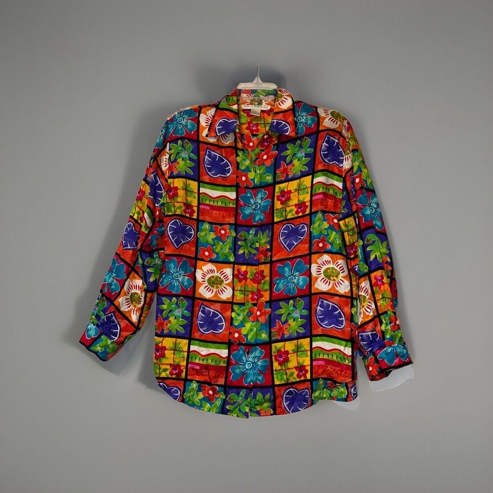 Jessica Holbrook Vintage 90's Silk Blouse Floral Windowpane Art to Wear sz M